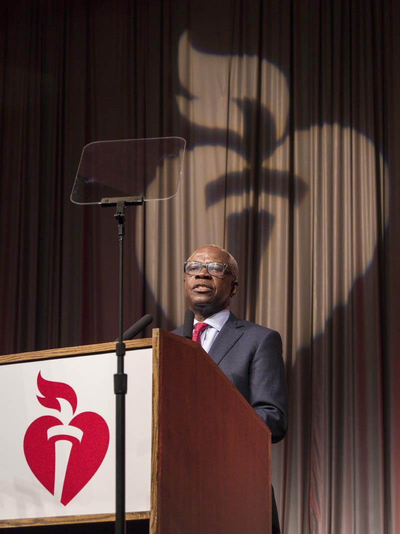 As American Heart Association president, Dr. Ivor Benjamin addresses attendees of the 2019 International Stroke Conference in Honolulu. Benjamin's connection to the AHA dates to 1997, when the organization provided his first research grant. (American Heart Association)
